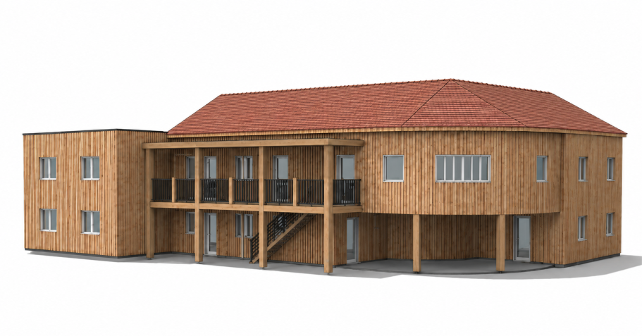 Bâtiment collectif à ossature bois – Rout'heArt Oasis Construction du bâtiment collectif à ossature bois RoutheArt Oasis à Saint-Pierre-d’Eyraud