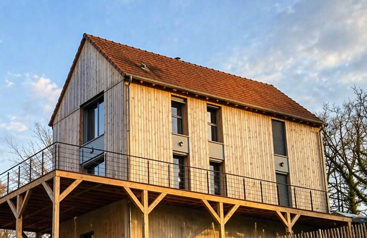 Couverture en tôle de type aluminium Maison conçue par un architecte avec des murs en dur et une structure en bois mix